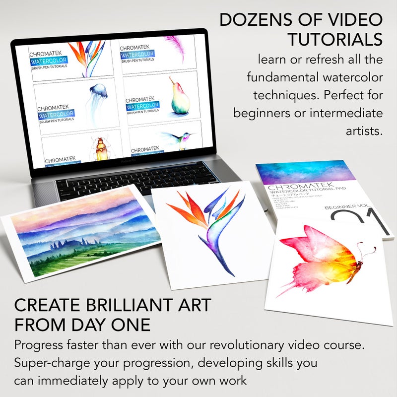 CHROMATEK 54 Watercolor Pens Set | Including 15 Page Pad & Online Video Tutorial Series | 4 Aquapens & 50 Unique Colors | Brush Pens | Easily Blendable, Vivid, Smooth | Professional Art Supplies - Image 5